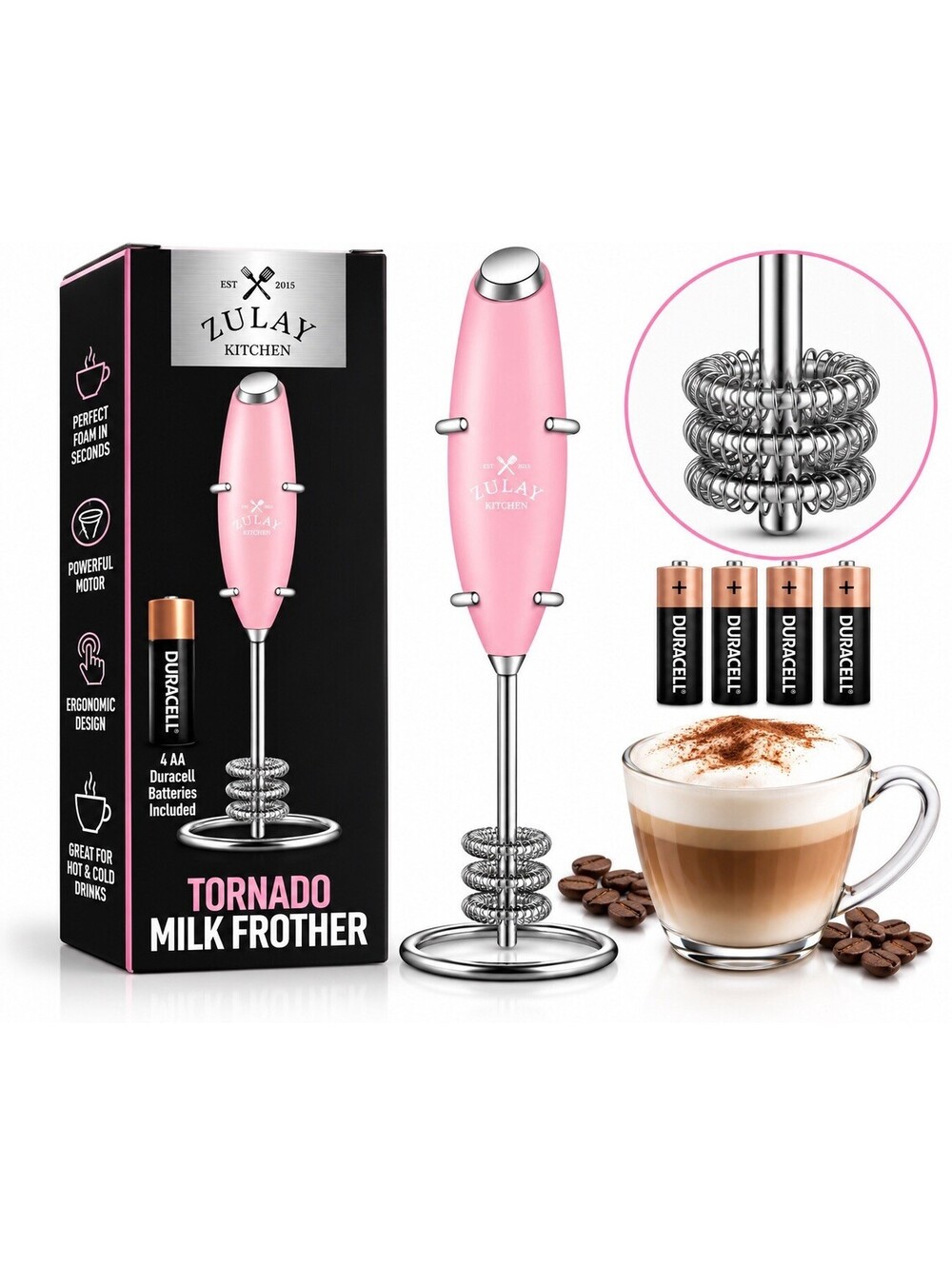 💗 Zulay Kitchen Tornado Milk Frother Pink 3-Coil + 4 AA Batteries